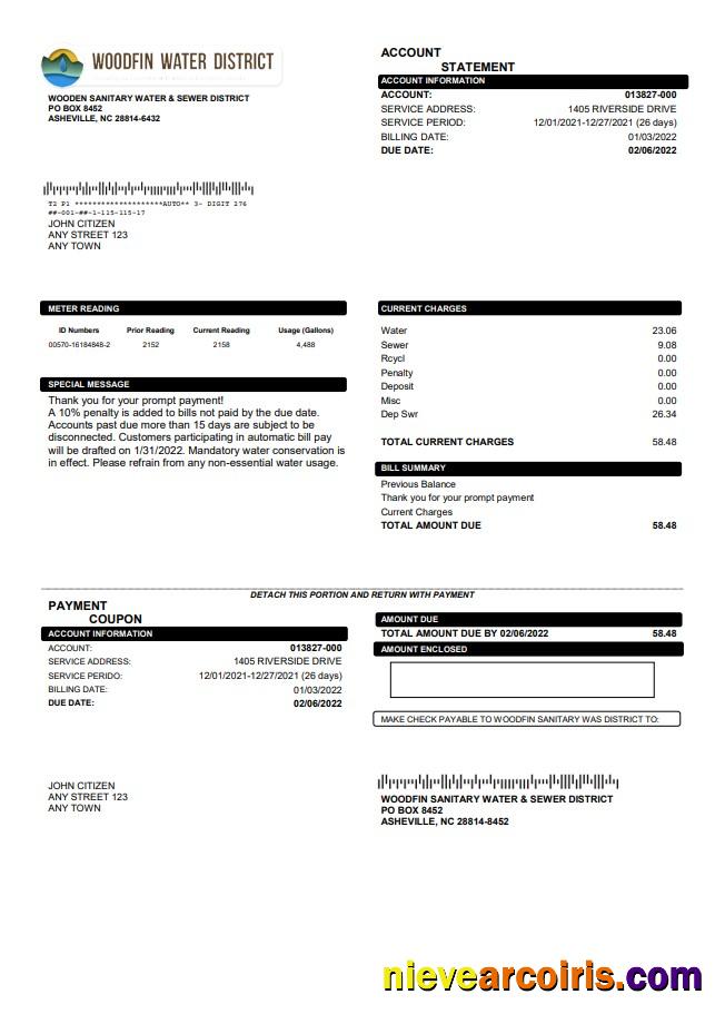 USA North Carolina Woodfin Sanitary Water & Sewer District utility bill